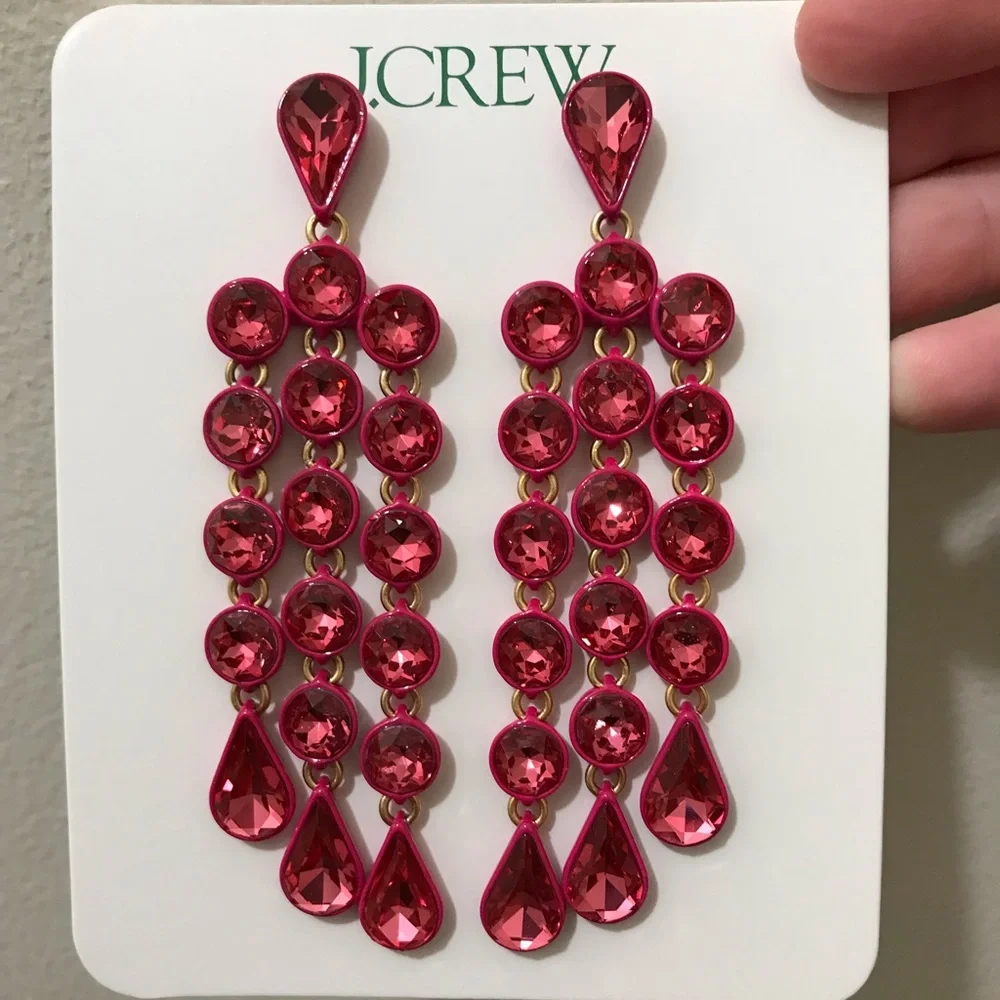 NWT J. Crew Sparkly Waterfall Earrings, Statement Sparkle Prom Formal Dance Red - Picture 12 of 12